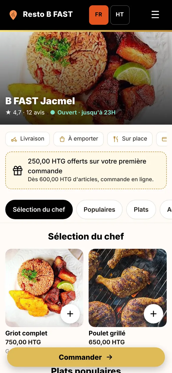 La vitrine d'un restaurant sur JustinSpot, vue sur un téléphone